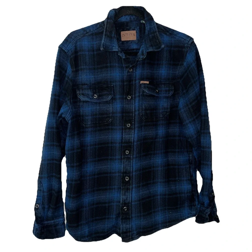 Orvis Men's Big‎ Bear Blue Black Plaid Heavy Flannel Button Down Size Medium - Picture 2 of 9